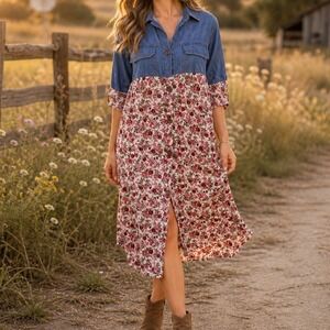 Tofisa Women Denim Floral Mixed Media Button Up Tunic Dress Long Sleeve